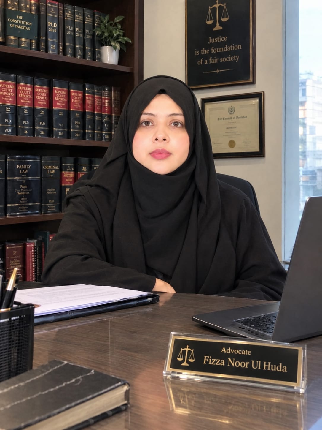 Advocate Fiza Noor Ul Huda in her office
